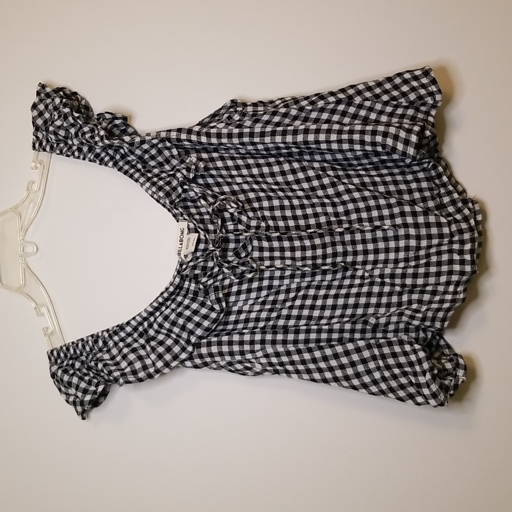 Billabong off the shoulder black and white plaid top with tie front